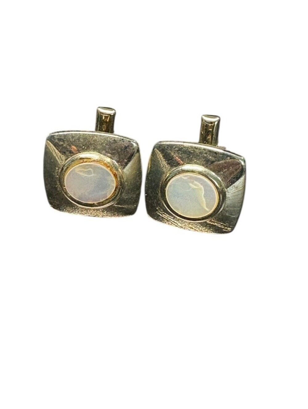 Vintage Swank Cufflinks Gold Tone Opal Glass Cabochon Mid Century Modern 3/4"